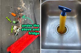 a long duster next to a bunch of dust and junk pulled out from under a stove and fridge / a sponge brush stuck inside a sink drain
