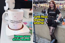 a white mug warmer / writer wearing black faux leather shorts at eras tour