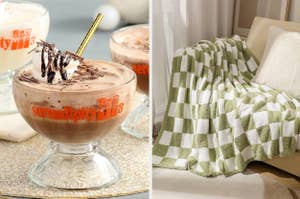 cup of frozen hot chocolate, checker print throw on couch