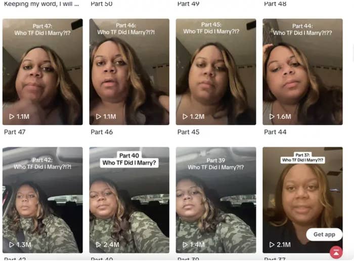 A grid of eight TikTok thumbnails showing a woman with different expressions, titled &quot;Who TF Did I Marry?&quot; parts 39–47