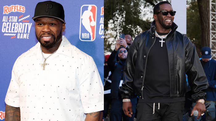 50 Cent in a white patterned shirt and cap on the left; Diddy in a jacket, black jeans on an event stage on the right