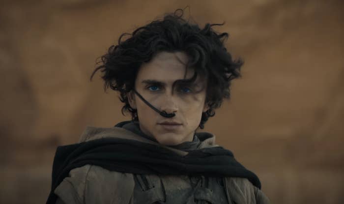 Timothée portraying Paul Atreides in layered attire, looking intently ahead in a desert scene