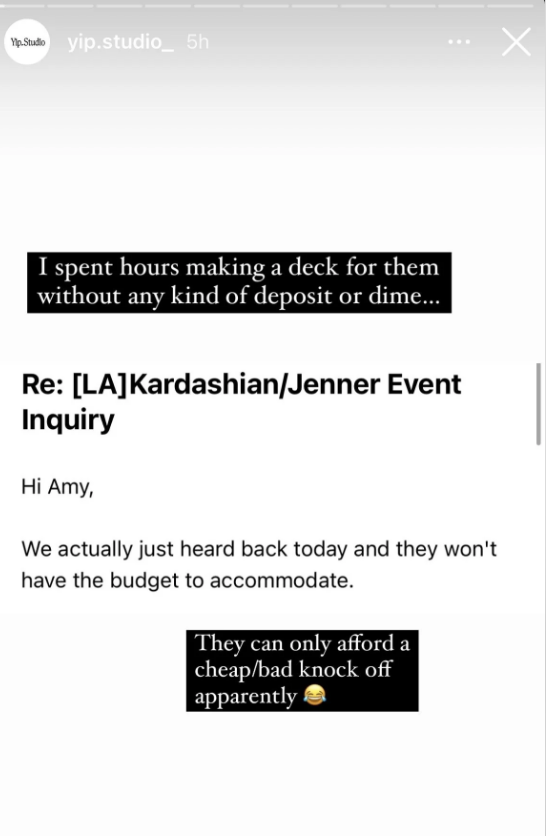 Text message about not having budget for Kardashian/Jenner event, expressing frustration over lack of budget