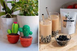 crochet cacti, bubble tea in glasses