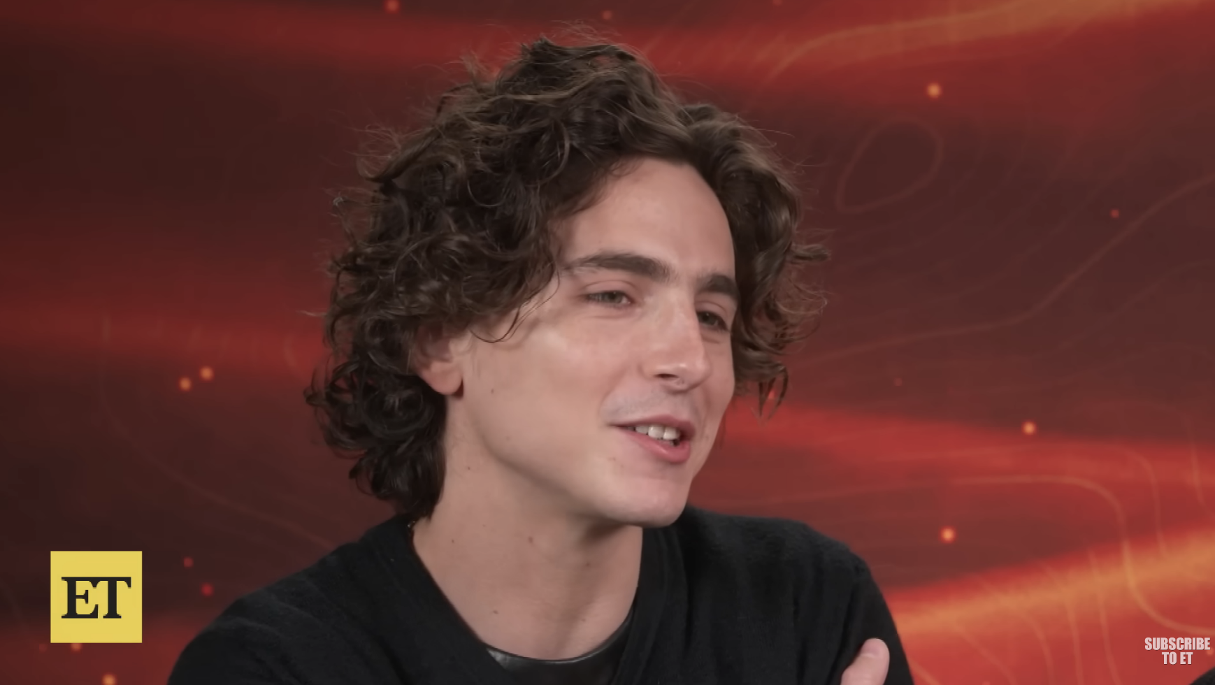 Timothée Chalamet in a casual interview, smiling, with a blurred background