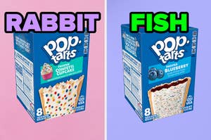 On the left, a box of Frosted Confetti Cupcake labeled rabbit, and on the right, a box of Blueberry Pop-Tarts labeled fish
