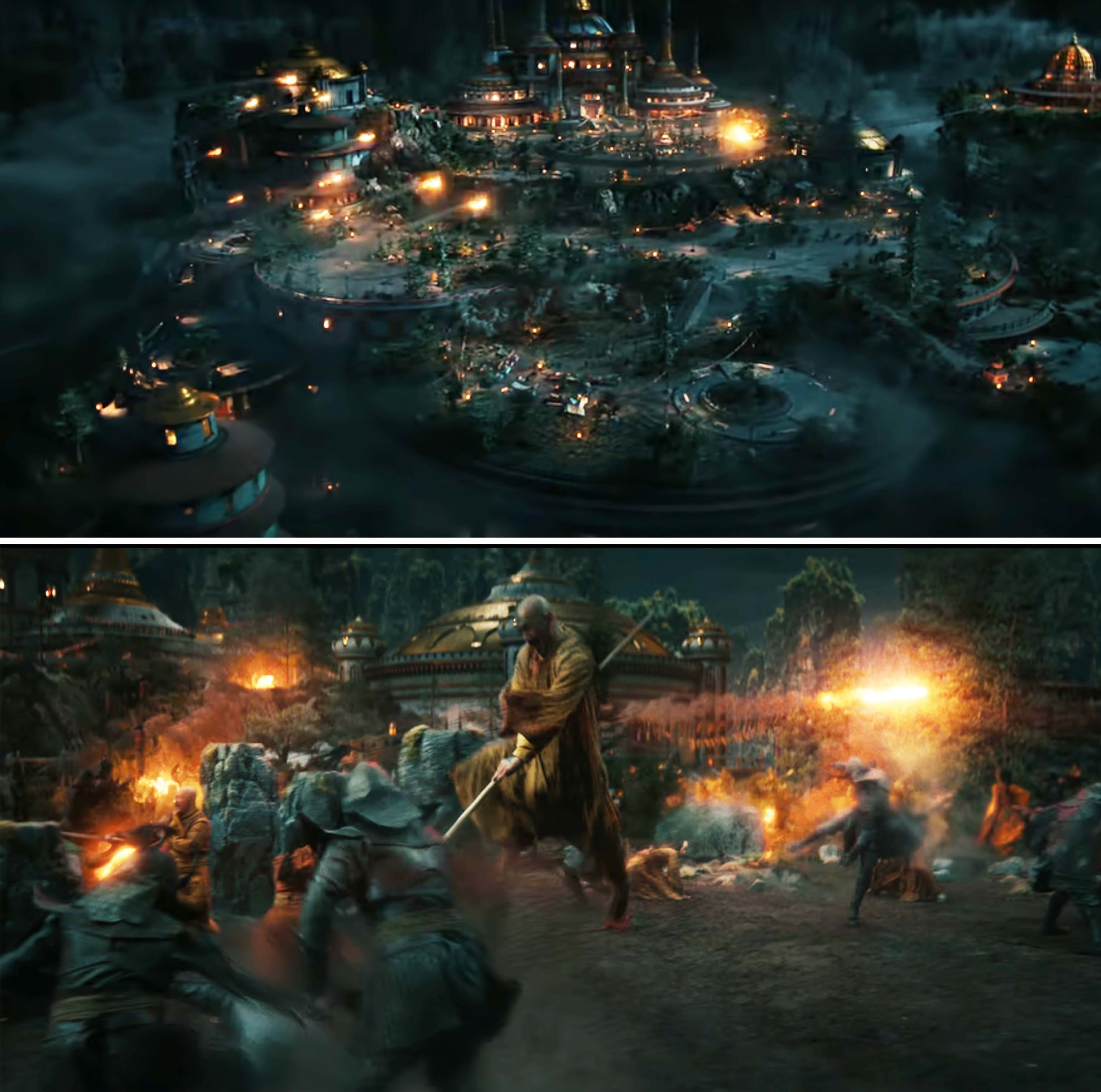 Stills from the live-action Avatar the Last Airbender, upper image depicting a panoramic night view of a lit-up castle village, lower image showing a battle scene