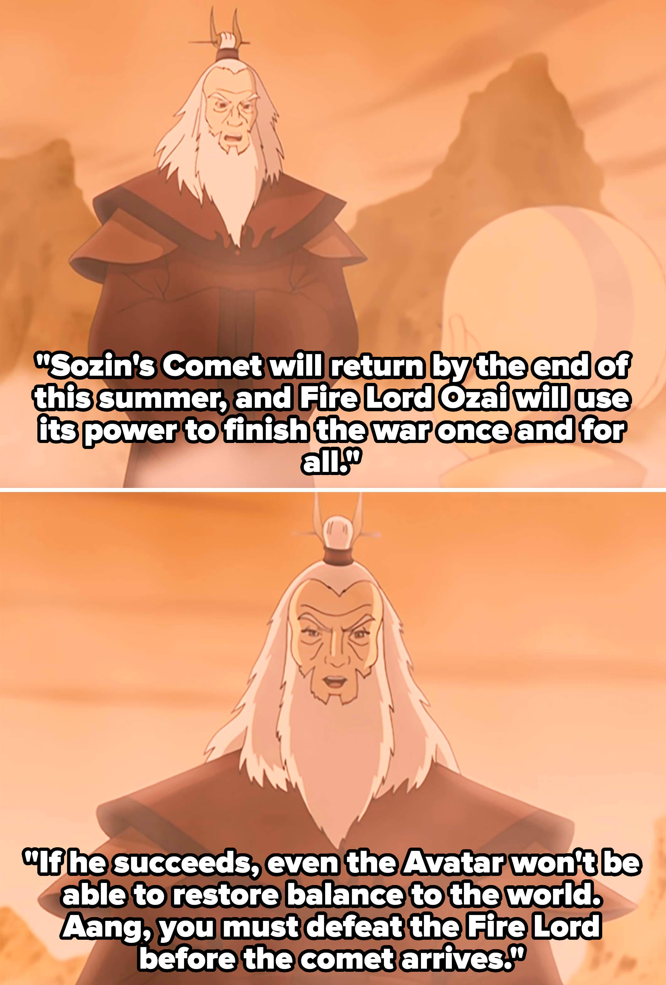 Animated characters Aang and Roku discussing Sozin&#x27;s comet coming back at the end of the summer