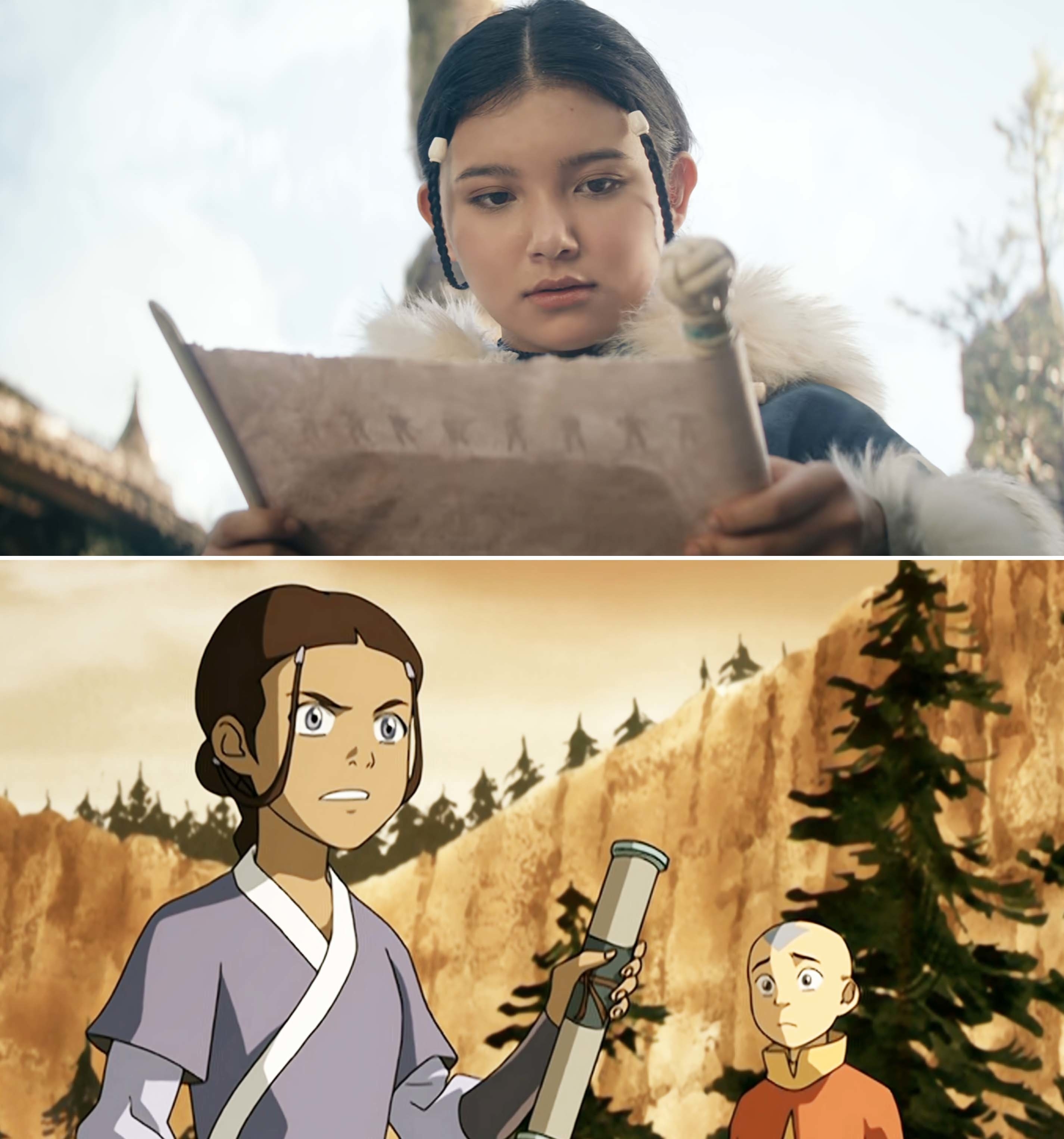 the live action character reading the scroll, and the animated character with the scroll in hand