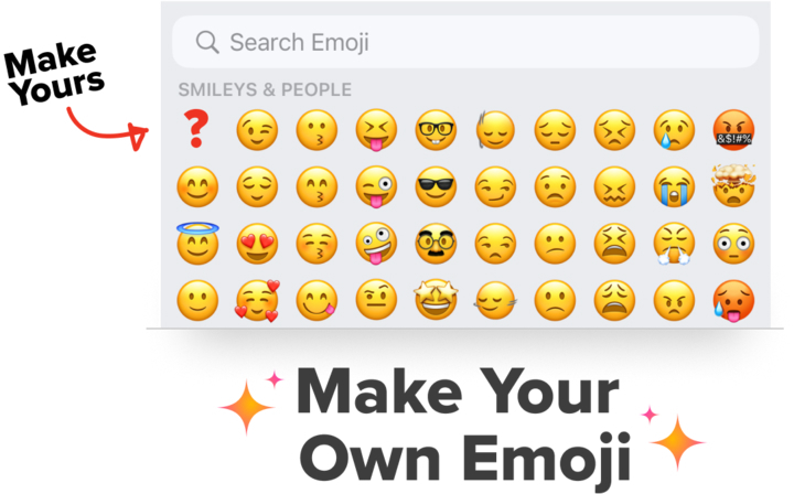 Emoji selection screen with various emoticons displayed, and a prompt to create a custom emoji