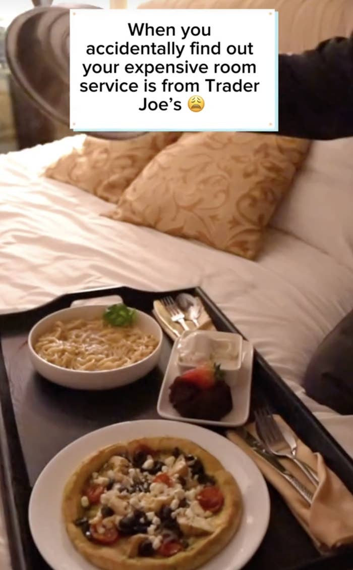 Text overlaid on image of room service food reads: &quot;When you accidentally find out your expensive room service is from Trader Joe&#x27;s&quot;