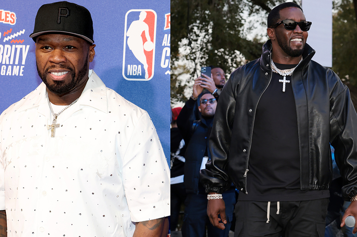 50 Cent in a white patterned shirt and cap on the left; Diddy in a jacket, black jeans on an event stage on the right