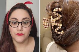person with red lip stain on, person with hair up in claw clip 