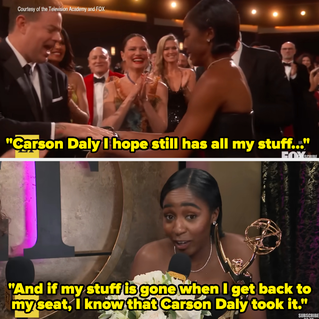 Ayo passing her stuff to carson daly when going up to get her award and then joking about how if it&#x27;s missing he took it