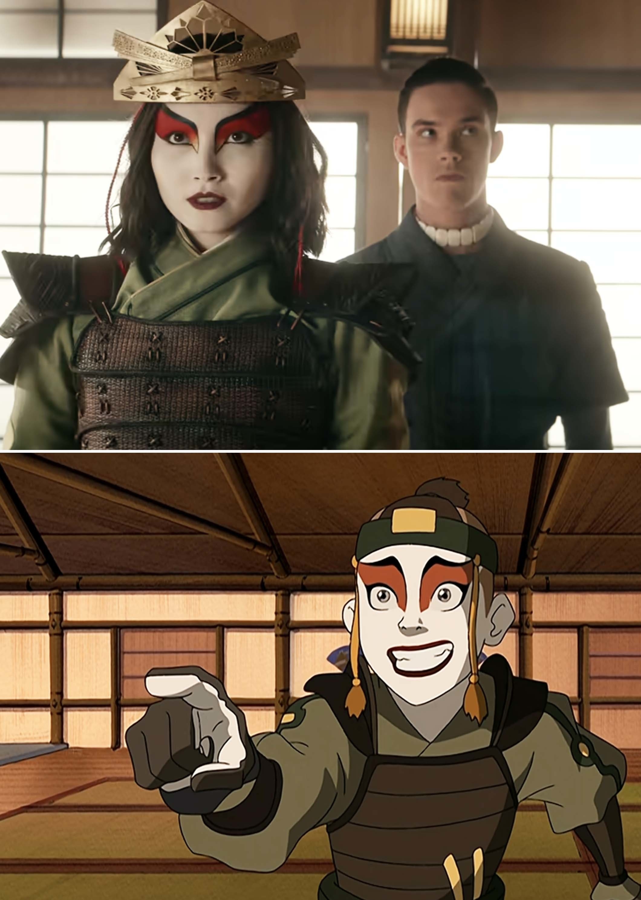 Two images: Top shows live-action characters, Kyoshi and Sokka. Bottom is animated Sokka, all dressed in traditional warrior outfits