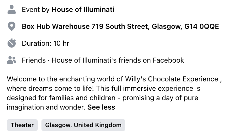 Event flyer for House of Illuminati immersive experience with details on location, duration (10 hours), and family-friendly invitation