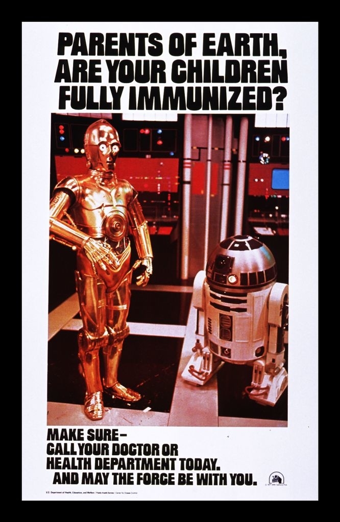 Public health poster featuring Star Wars characters C-3PO and R2-D2 promoting child immunization
