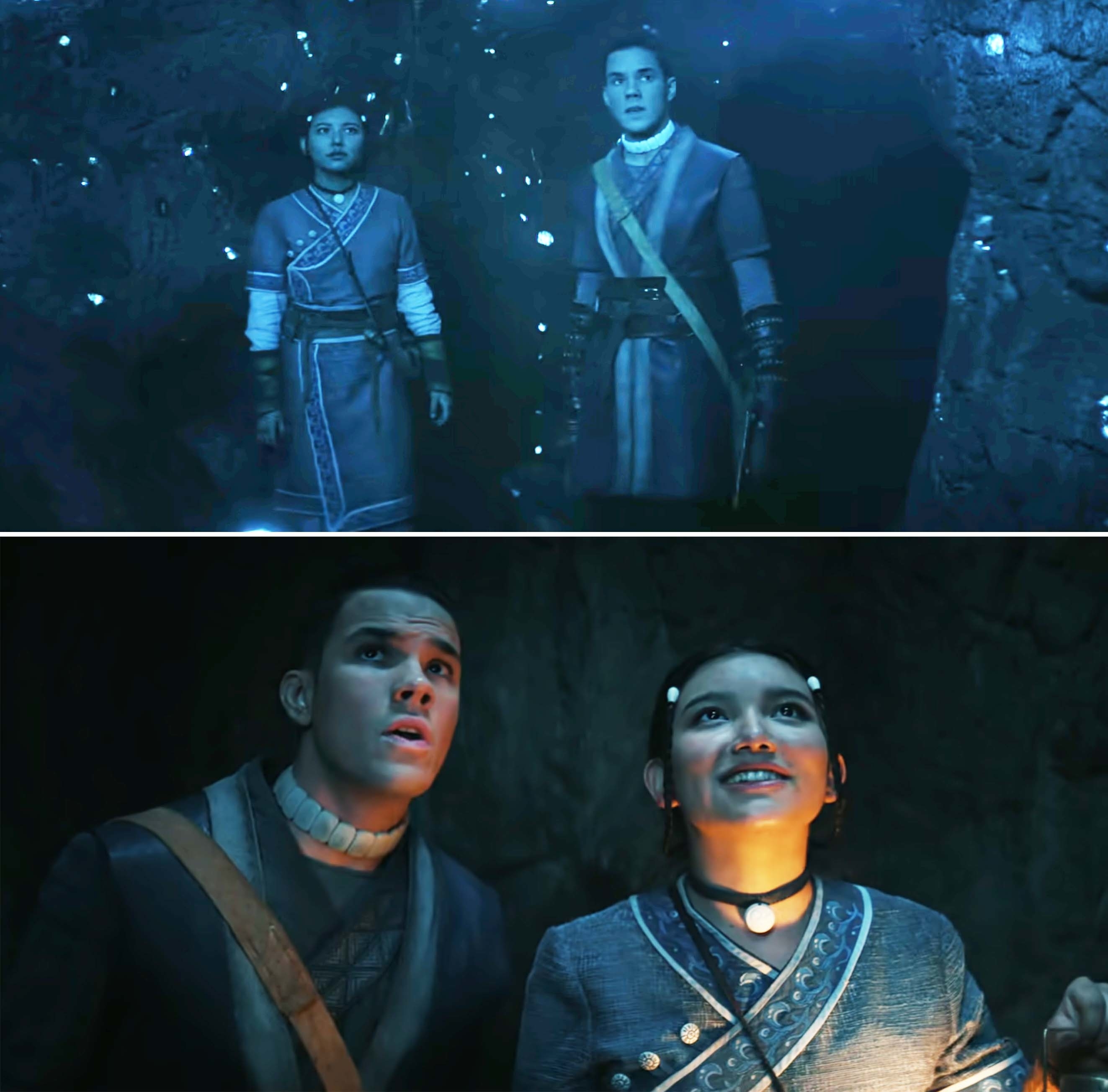 the two characters inside a cave, in awe