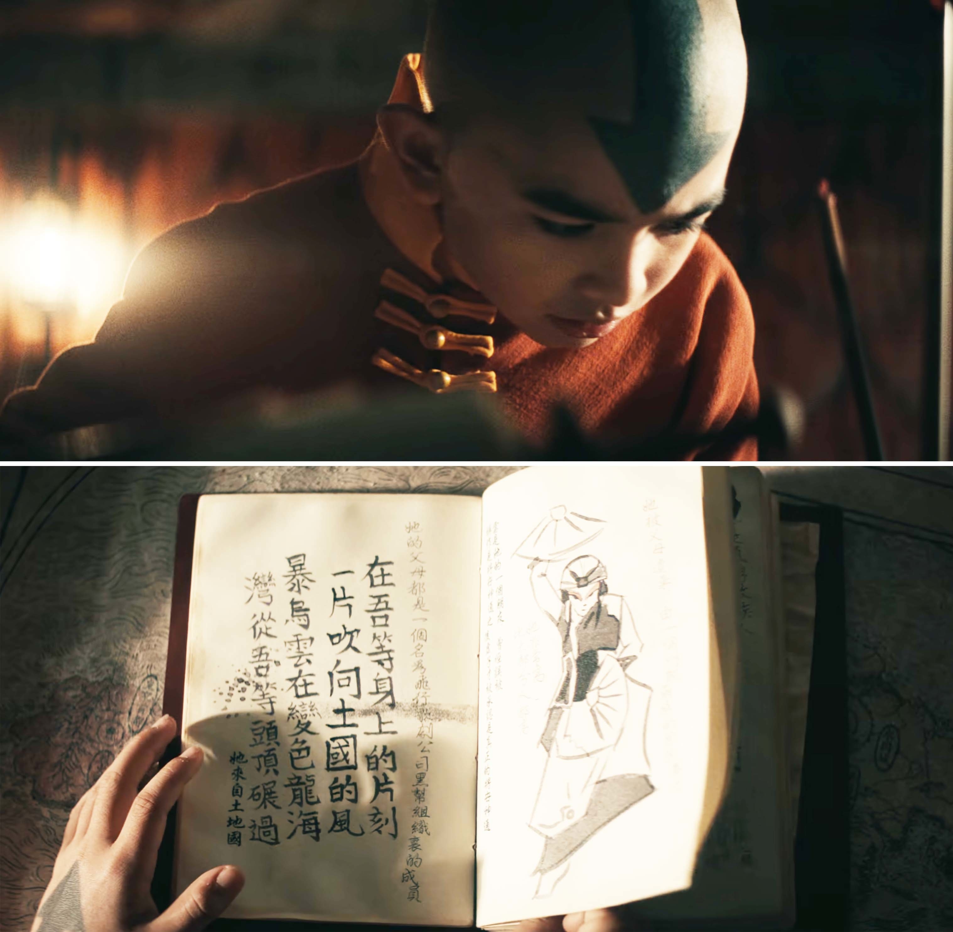Character Aang from &#x27;Avatar: The Last Airbender&#x27; studies an ancient book with illustrations and text