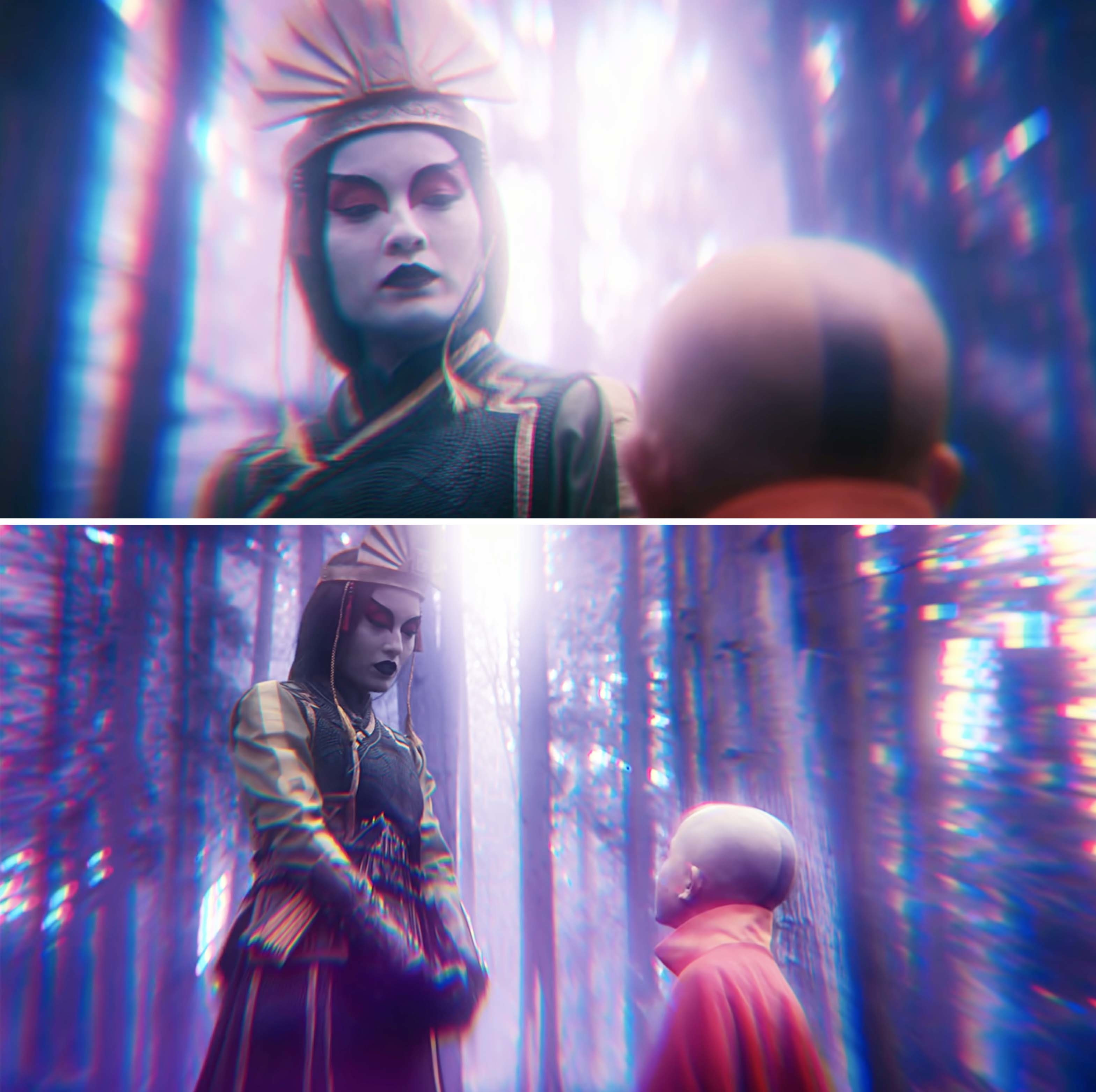 in a dream like scene, the past avator is standing in front of aang in the woods