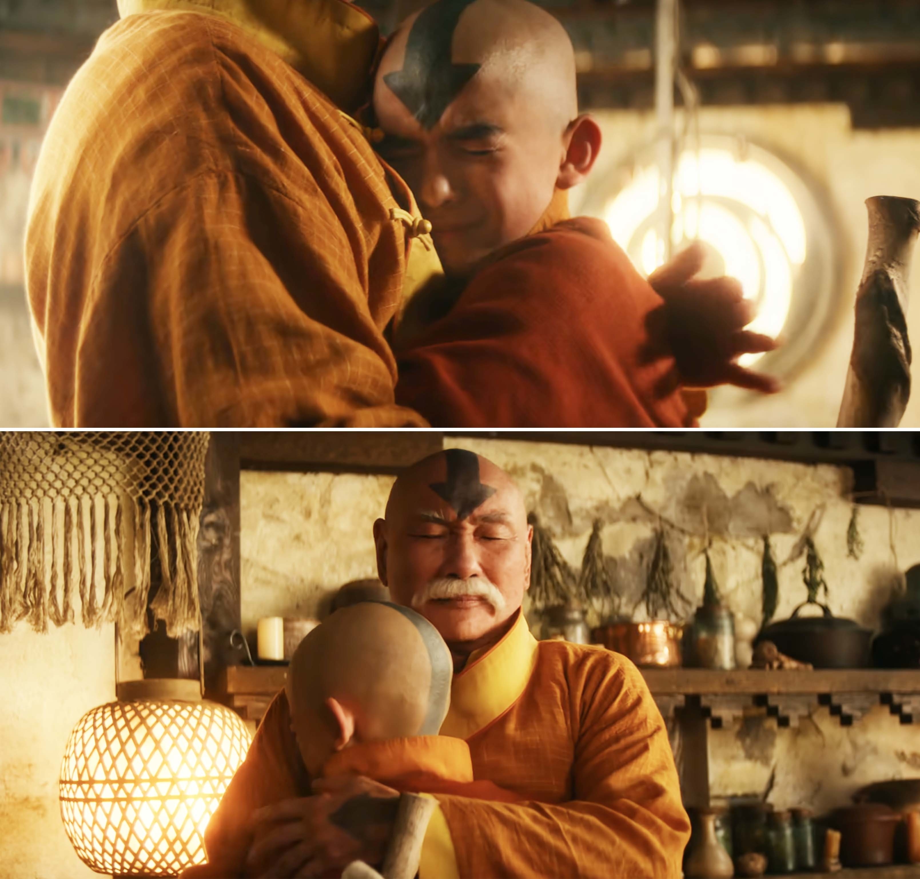 Two scenes from a TV show featuring animated characters Aang embracing Monk Gyatso, expressing a heartfelt moment