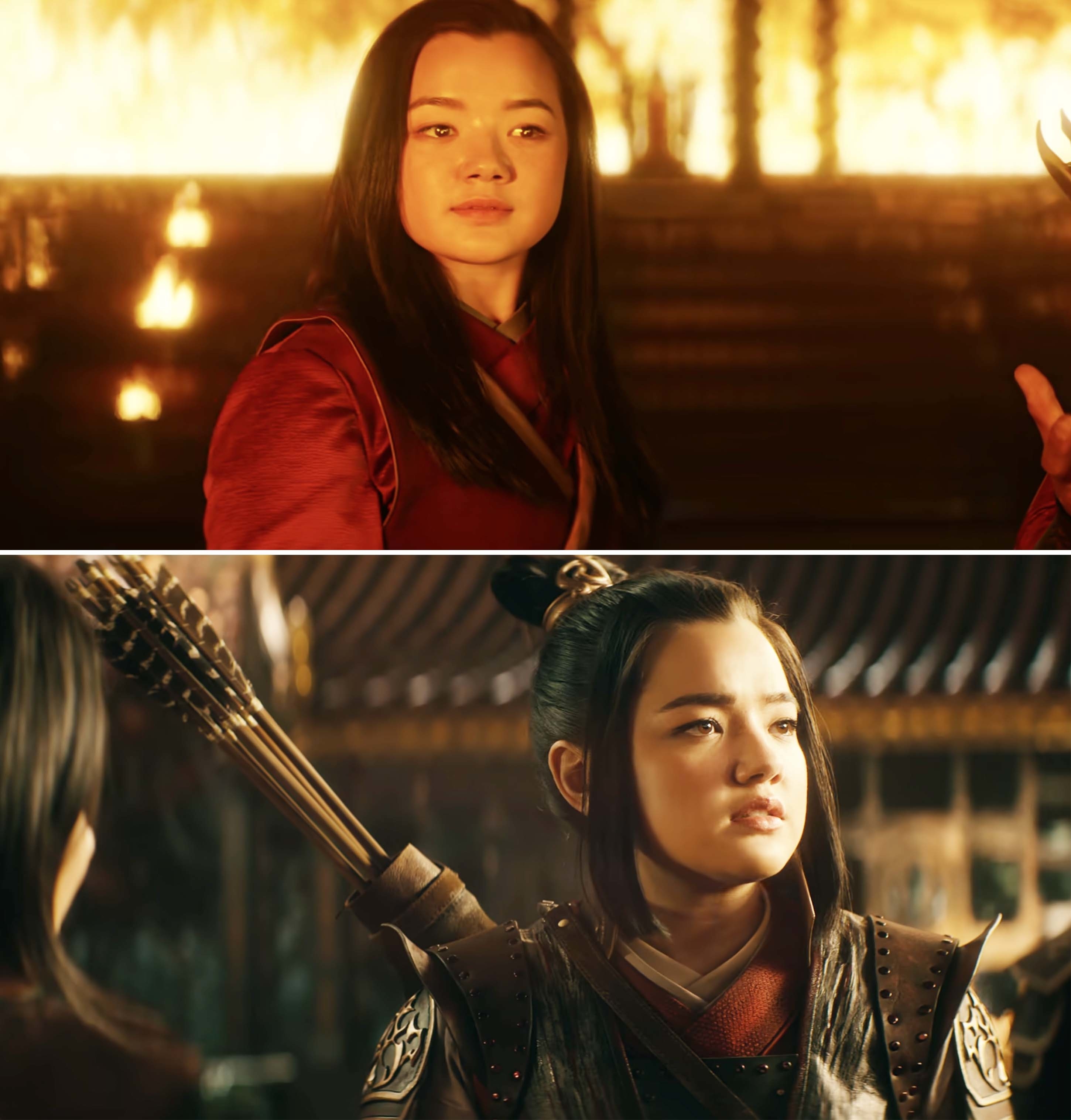 closeup of her character in normal dress and then in warrior attire