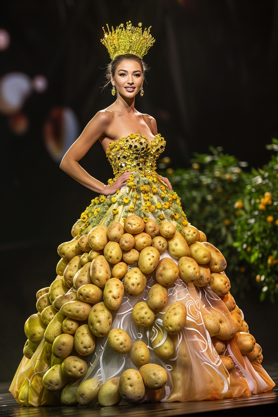 Woman in gown adorned with faux potatoes