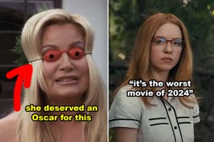 Side-by-sides of Jennifer Coolidge tanning in "A Cinderella Story" and Sydney Sweeney in the woods in "Madame Web"