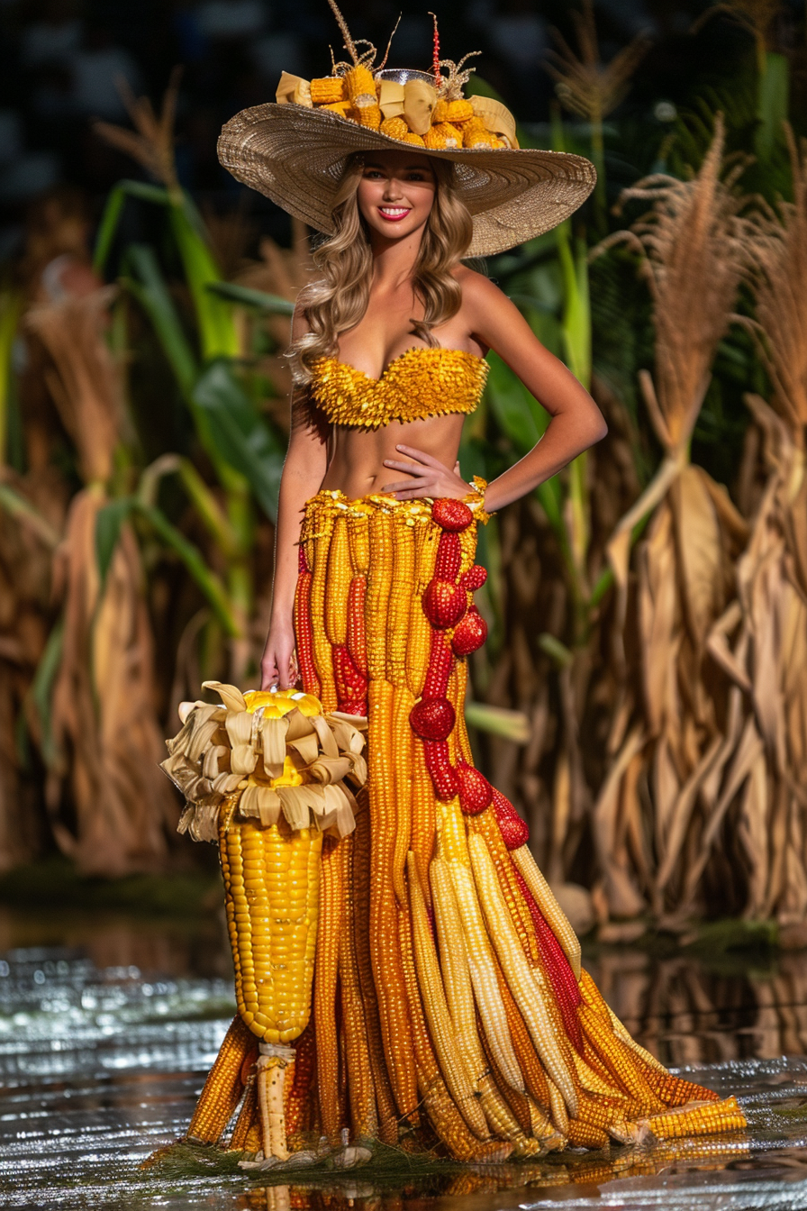 Model poses in a dress made of corn cobs with matching hat and accessories