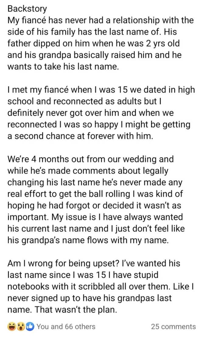 The image shows a lengthy text post discussing family dynamics and personal issues related to a wedding and a father&#x27;s legacy