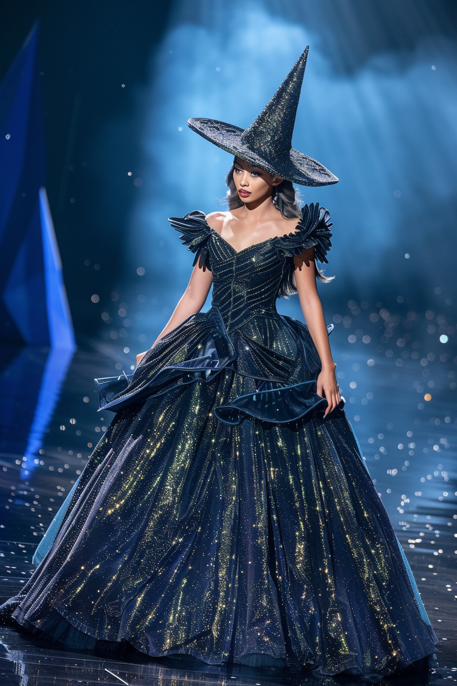 Person in a sparkling witch costume with a pointed hat and layered dress on stage