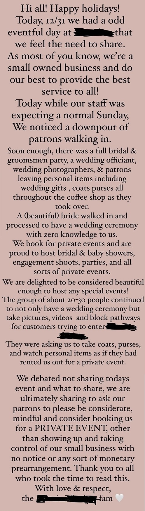 Image summarizing a text-heavy holiday announcement from a bridal shop, mentioning adjusted hours, staff patronage, and appreciation for support