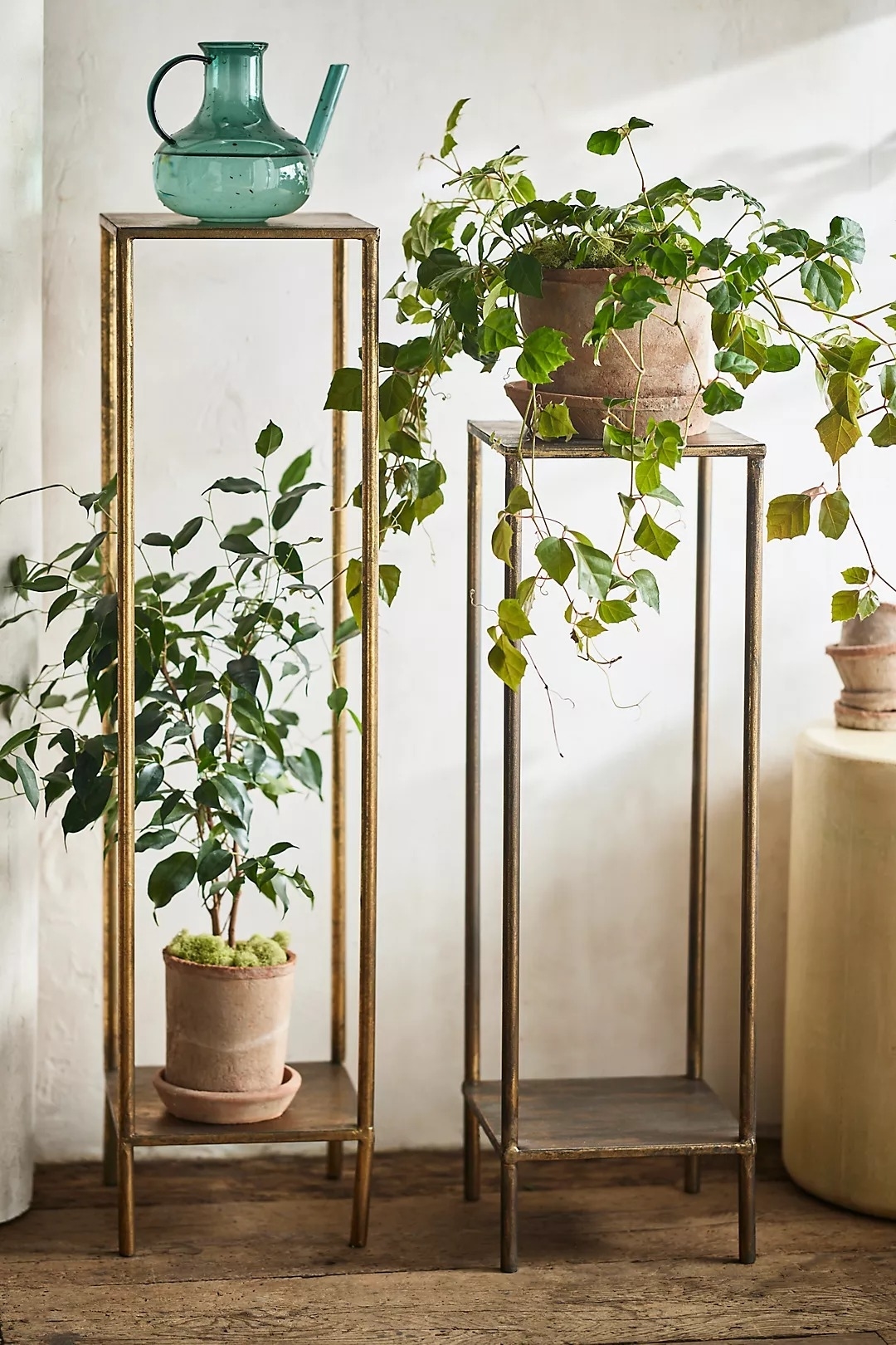 Two slender, metal plant stands of varying heights with potted plants for interior decor