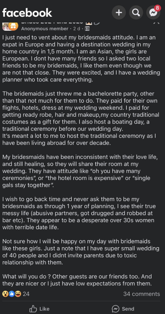 The image contains a lengthy Facebook post where a person expresses frustration over bridesmaid issues and concern for a harmonious wedding day