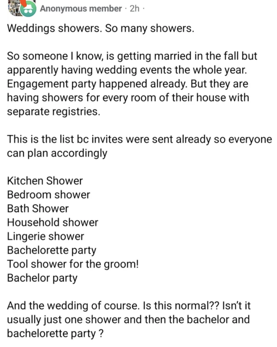 Summarized text content: A list of wedding-related events questioning if it&#x27;s normal to have many separate parties for an engagement, including various types of showers and a bachelorette party