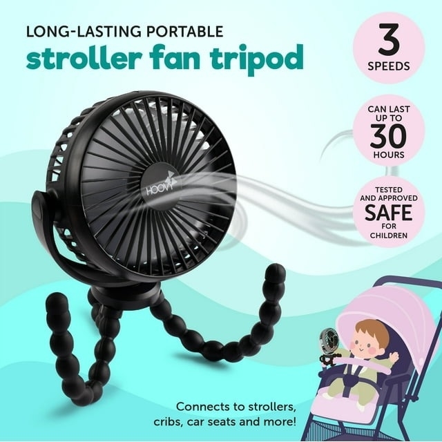 Portable fan with flexible tripod legs advertised for use with strollers and car seats, highlighting 3 speeds and 30-hour battery life