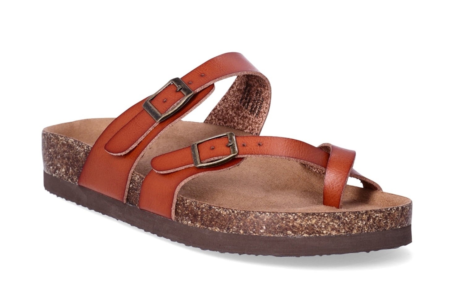 brown strappy sandal with buckles on white background