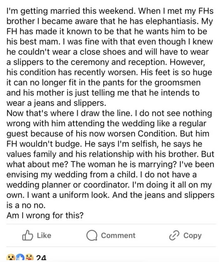 Image summarizing a long text post about a person&#x27;s frustration with their brother&#x27;s demands and behavior in relation to their upcoming wedding
