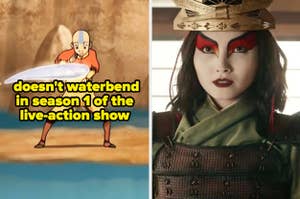 Aang waterbending in animated series vs Suki in the live-action show