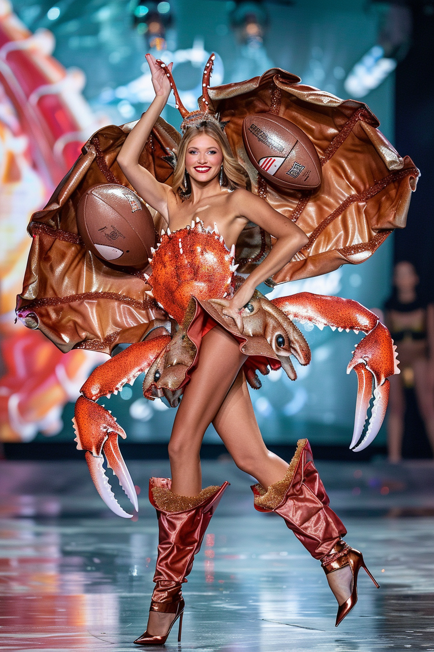 Model in a themed costume with oversized footballs and crab claws, wearing boots