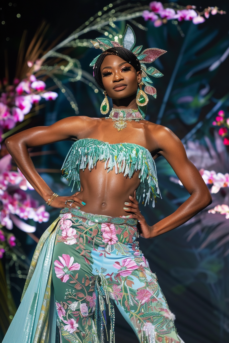 Model in a tropical-themed outfit with a headdress, fringed top, and bejeweled floral pants