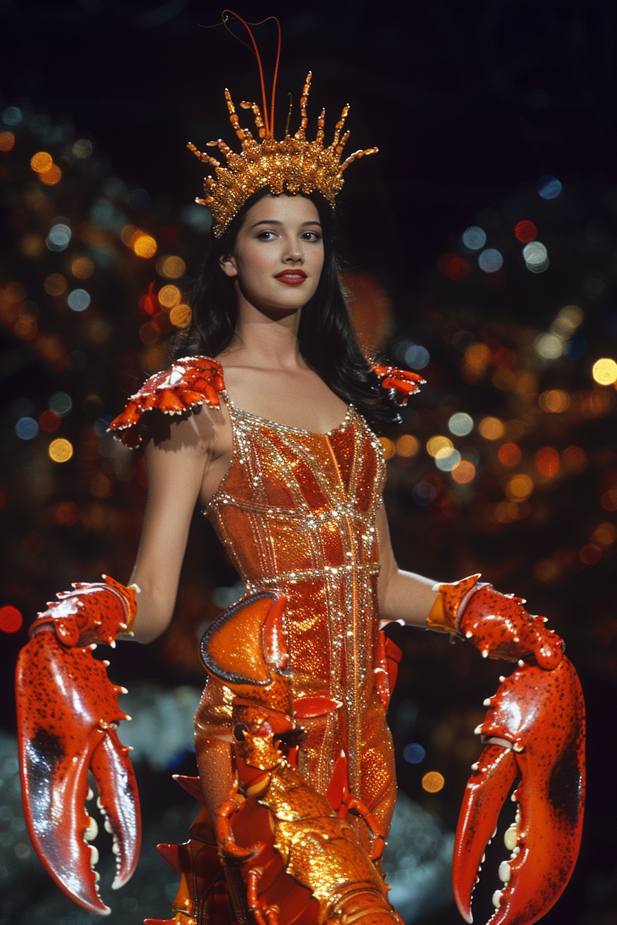 Model in lobster-themed costume with headdress and claw gloves