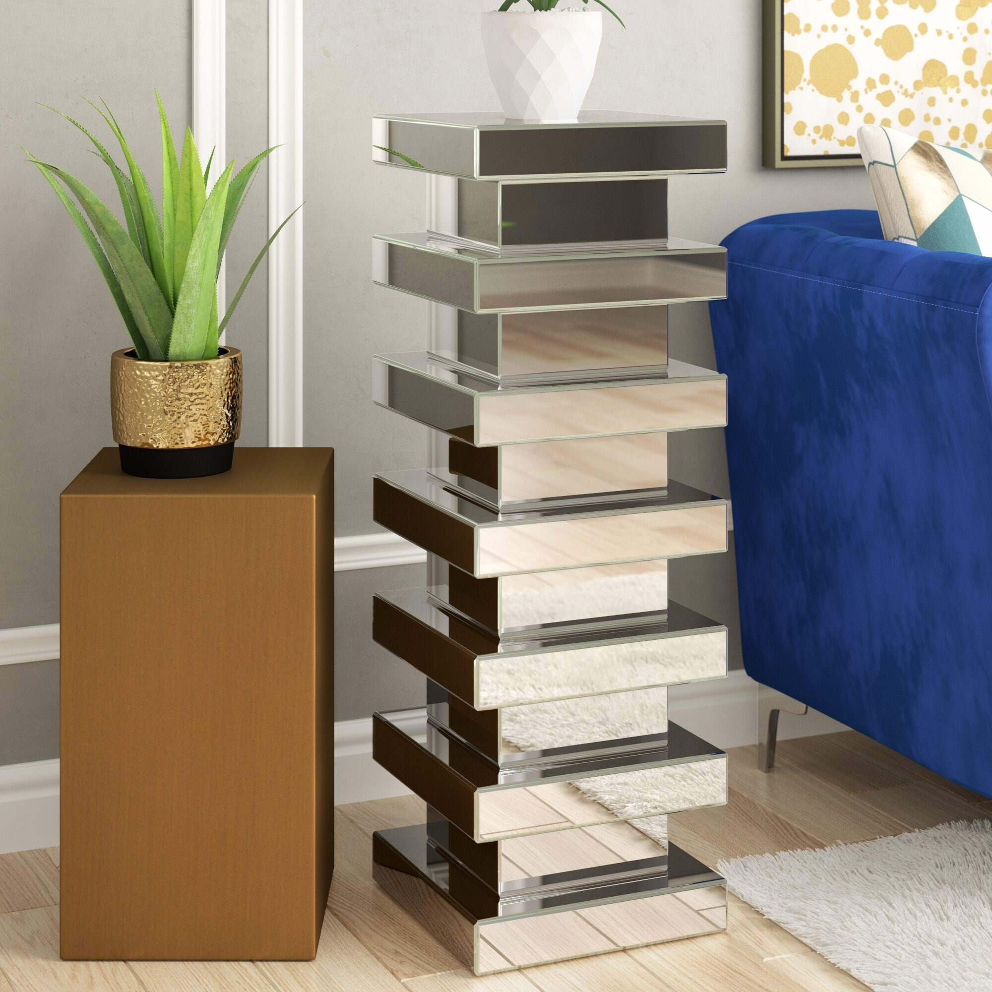 Modern staircase shelf with alternating brown and white steps beside a blue sofa and a potted plant
