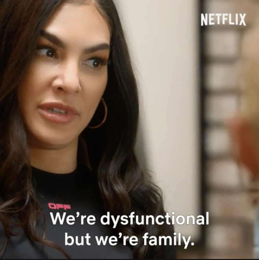 Woman on a Netflix show with subtitle text &quot;We&#x27;re dysfunctional but we&#x27;re family.&quot;