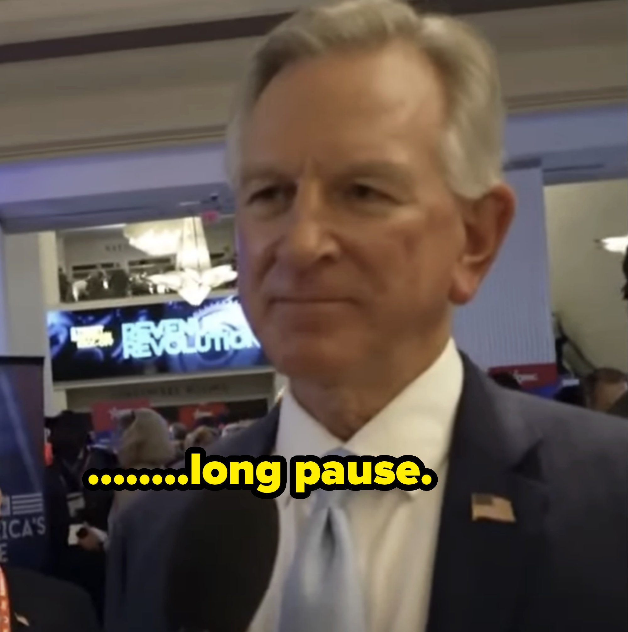 Tommy Tuberville blank stare with caption &quot;......long pause&quot;