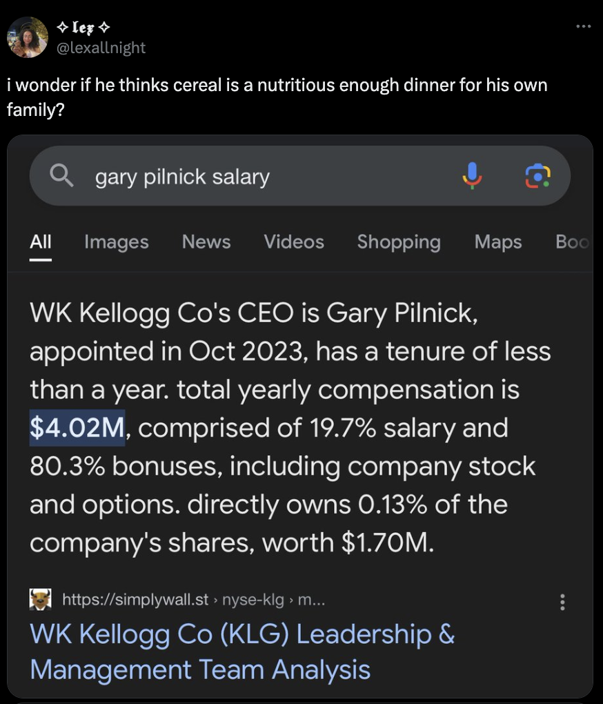 Summarized content: A tweet asking if Gary Pilnick&#x27;s salary is nutritious enough, showing an analysis of his compensation at Kellogg Co totaling over $8.02M