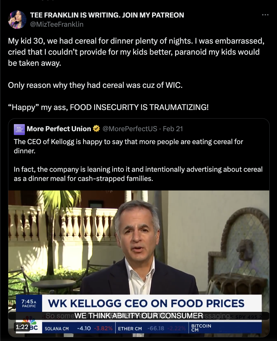 A Kellogg&#x27;s CEO appears on a news segment discussing food prices amidst various stock market graphics