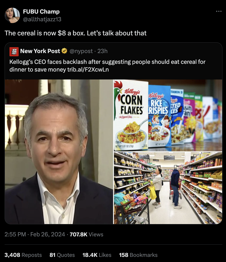 CEO in a suit on a news segment in grocery aisle discussing cereal for dinner to save money