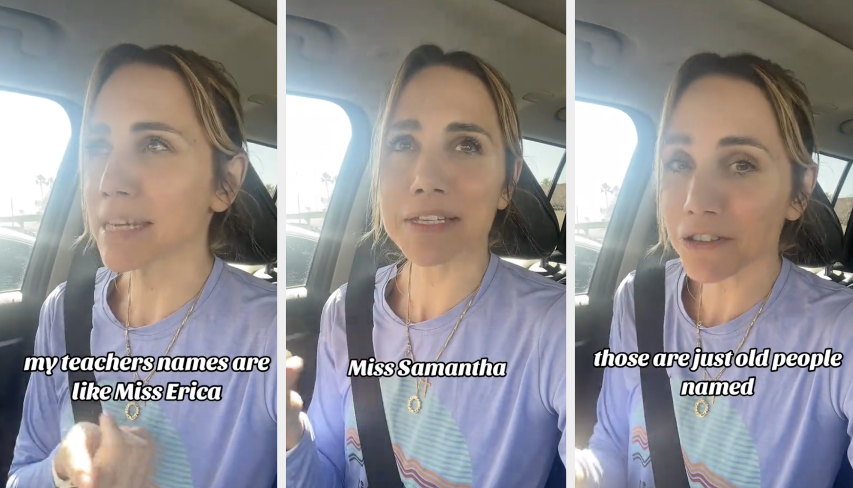 Three frames of Amber talking in a car with captions discussing &quot;teachers names&quot; and &quot;old people names&quot;
