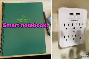 L: a reviewer photo of a spiral-bound notebook and text reading "smart notebook!", R: a reviewer photo of an outlet extender 